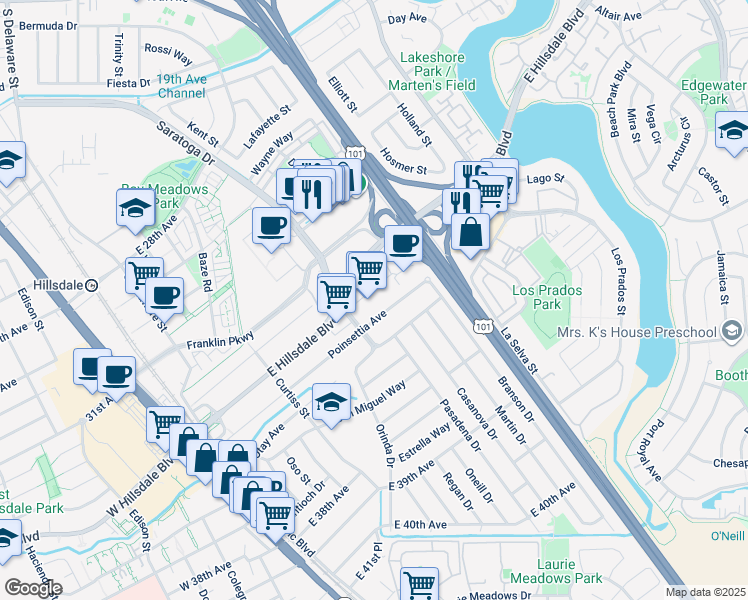 map of restaurants, bars, coffee shops, grocery stores, and more near 413 Poinsettia Avenue in San Mateo