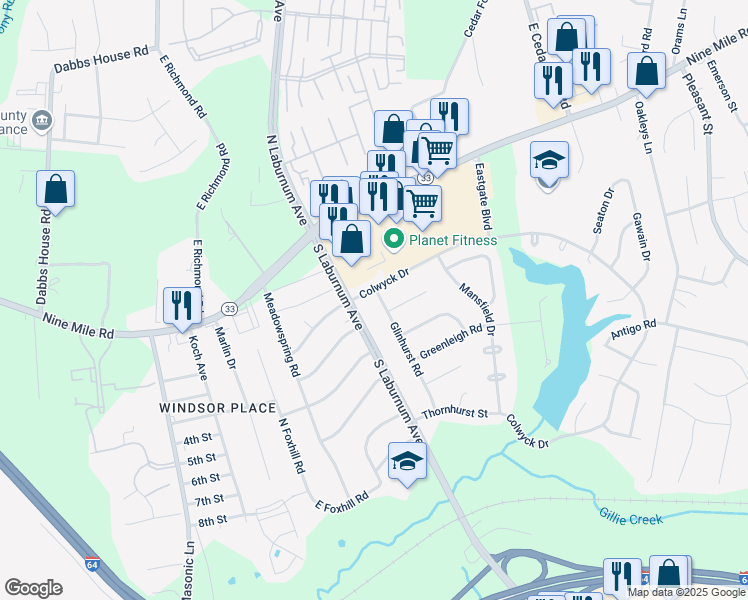 map of restaurants, bars, coffee shops, grocery stores, and more near 3 Glinhurst Road in Richmond