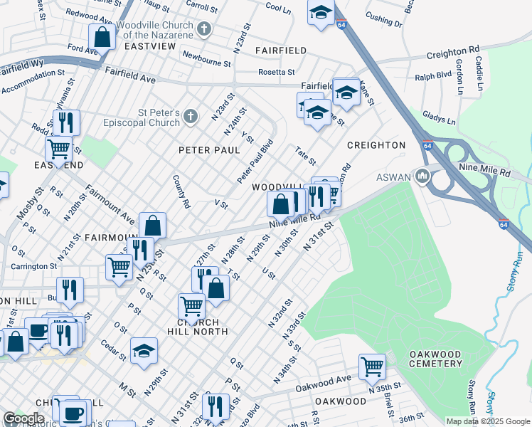 map of restaurants, bars, coffee shops, grocery stores, and more near 1619 North 28th Street in Richmond
