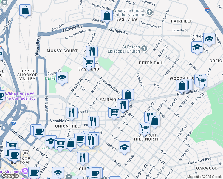 map of restaurants, bars, coffee shops, grocery stores, and more near in Richmond