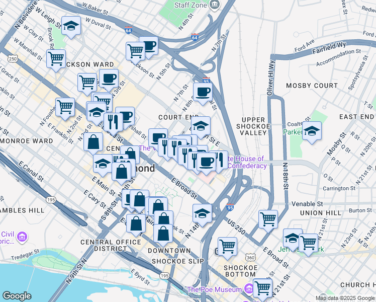 map of restaurants, bars, coffee shops, grocery stores, and more near 1000 East Clay Street in Richmond