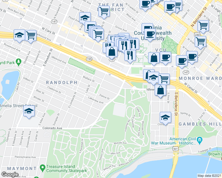 map of restaurants, bars, coffee shops, grocery stores, and more near 1226 Wallace Street in Richmond