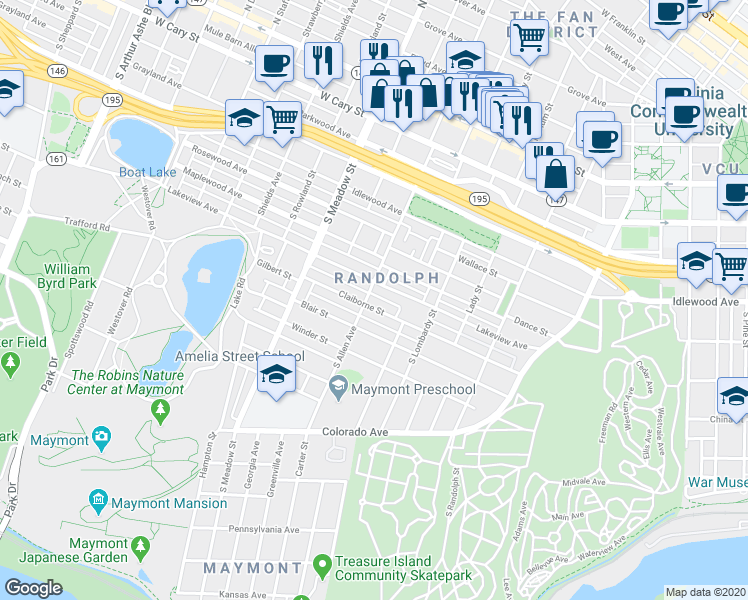 map of restaurants, bars, coffee shops, grocery stores, and more near 1721 Lakeview Avenue in Richmond