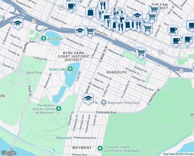 map of restaurants, bars, coffee shops, grocery stores, and more near 1922 Blair Street in Richmond