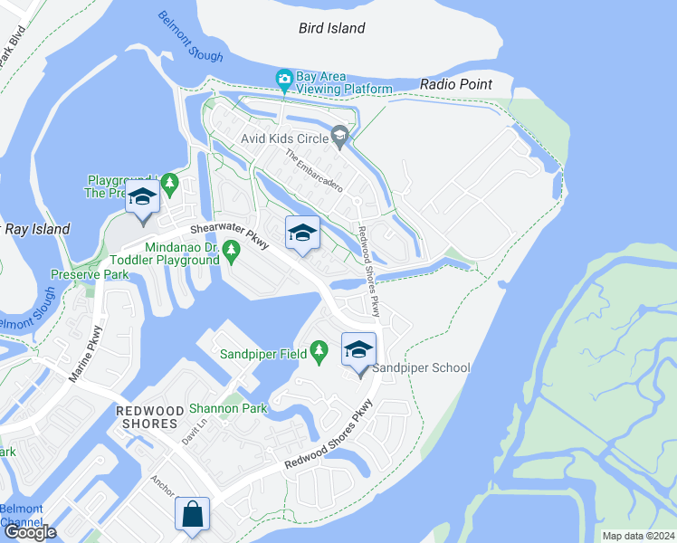 map of restaurants, bars, coffee shops, grocery stores, and more near 377 Meridian Drive in Redwood City