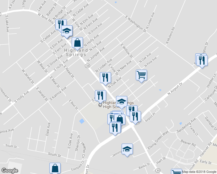 map of restaurants, bars, coffee shops, grocery stores, and more near 4 North Oak Avenue in Henrico