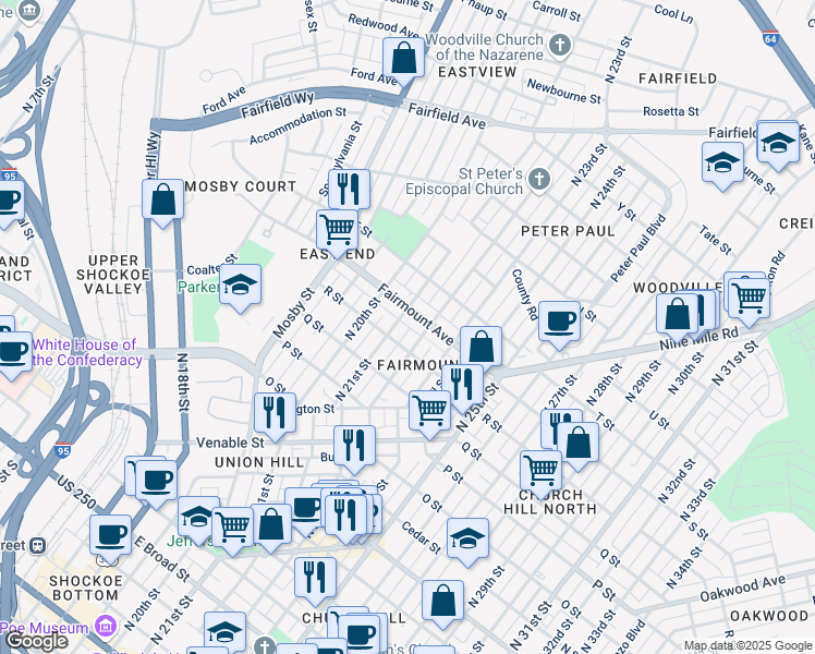 map of restaurants, bars, coffee shops, grocery stores, and more near in Richmond