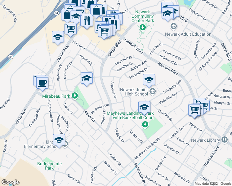map of restaurants, bars, coffee shops, grocery stores, and more near 35938 Argonne Street in Newark