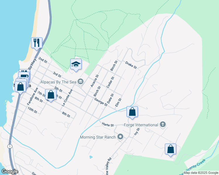 map of restaurants, bars, coffee shops, grocery stores, and more near 801 Franklin Street in Montara