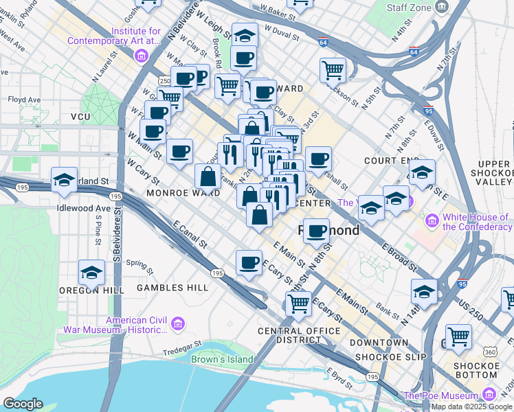 map of restaurants, bars, coffee shops, grocery stores, and more near 307 East Franklin Street in Richmond