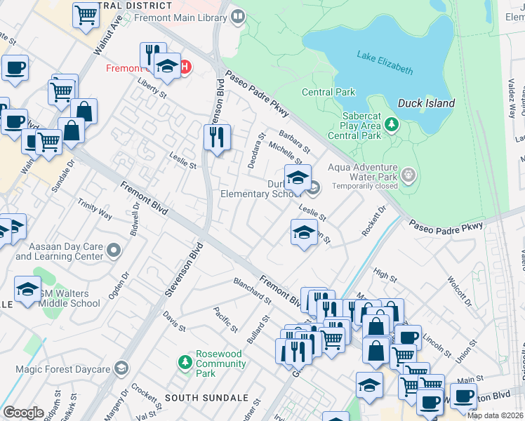 map of restaurants, bars, coffee shops, grocery stores, and more near 40140 Mueller Court in Fremont