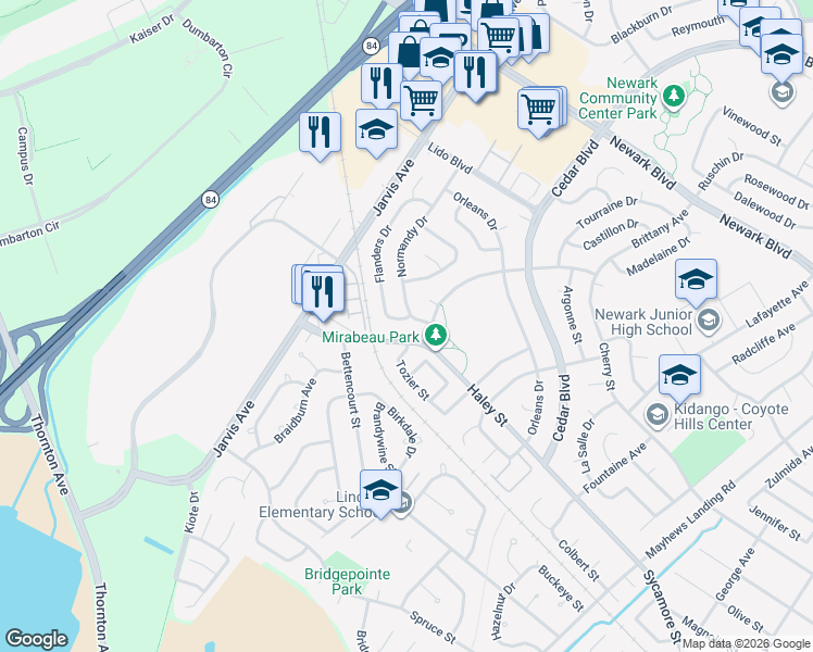 map of restaurants, bars, coffee shops, grocery stores, and more near 6793 Flanders Drive in Newark