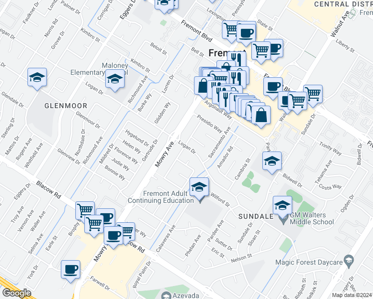 map of restaurants, bars, coffee shops, grocery stores, and more near 4502 Sloat Road in Fremont