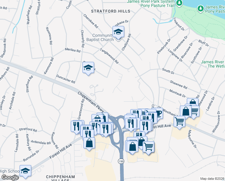 map of restaurants, bars, coffee shops, grocery stores, and more near 3036 Bradwill Road in Richmond