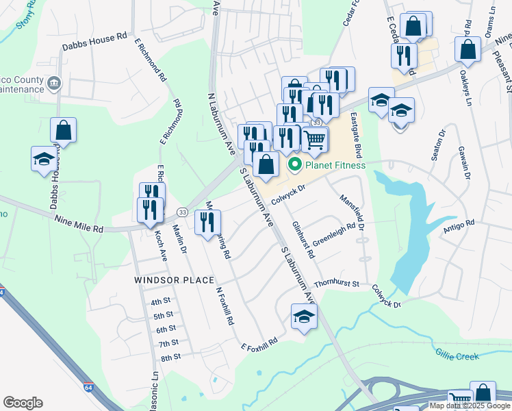 map of restaurants, bars, coffee shops, grocery stores, and more near 4720 Colwyck Drive in Richmond