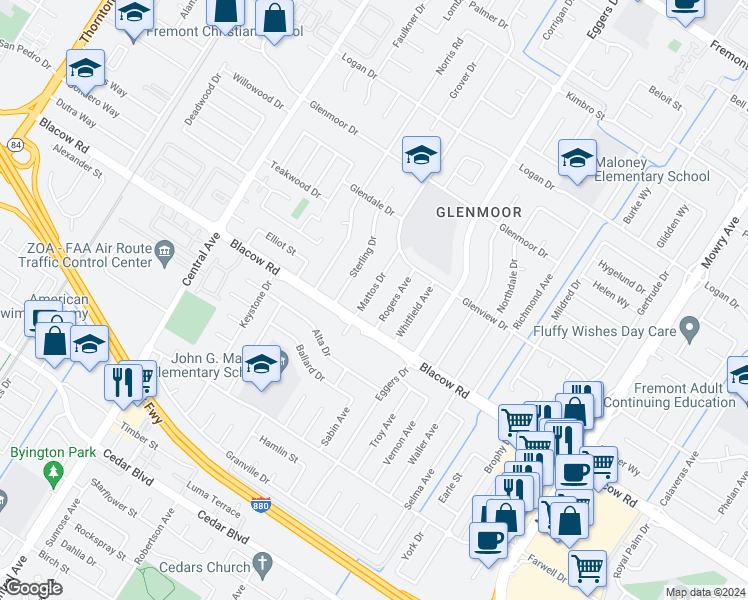 map of restaurants, bars, coffee shops, grocery stores, and more near 4960 Mattos Drive in Fremont