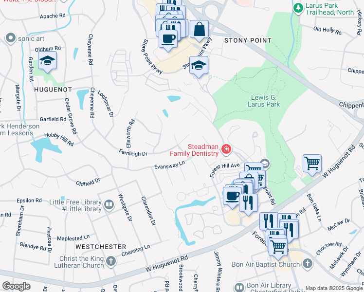 map of restaurants, bars, coffee shops, grocery stores, and more near 9425 Fernleigh Drive in Richmond