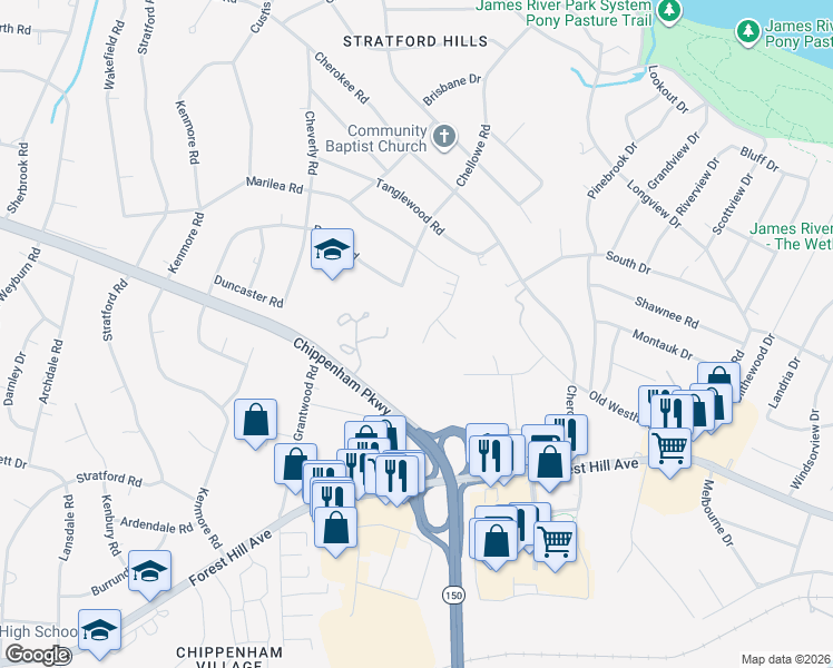 map of restaurants, bars, coffee shops, grocery stores, and more near 3036 Bradwill Road in Richmond