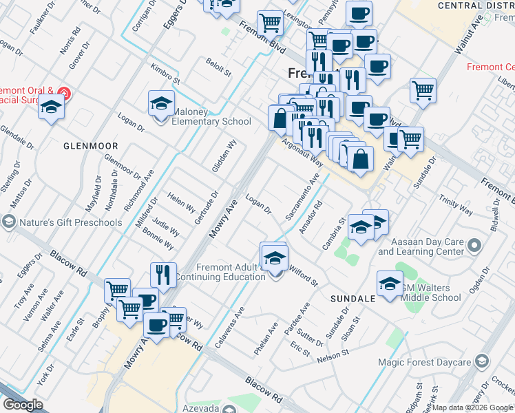 map of restaurants, bars, coffee shops, grocery stores, and more near 4502 Sloat Road in Fremont