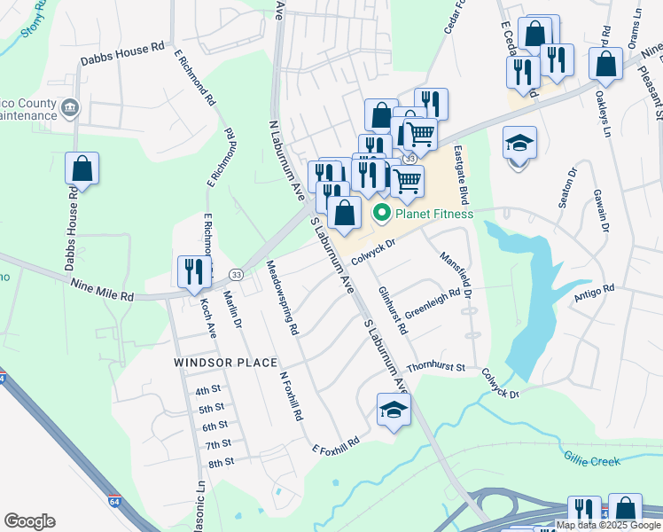 map of restaurants, bars, coffee shops, grocery stores, and more near 4720 Colwyck Drive in Richmond