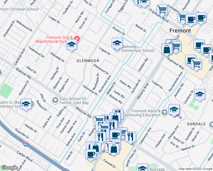 map of restaurants, bars, coffee shops, grocery stores, and more near 4674 Richmond Avenue in Fremont