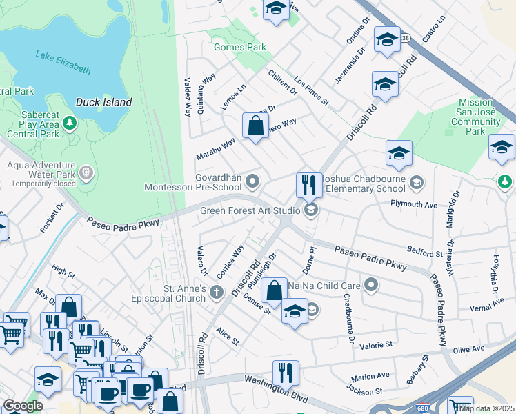 map of restaurants, bars, coffee shops, grocery stores, and more near 1900 Gomes Road in Fremont
