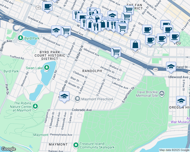 map of restaurants, bars, coffee shops, grocery stores, and more near 1721 Lakeview Avenue in Richmond