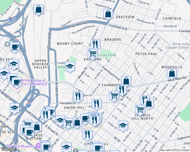 map of restaurants, bars, coffee shops, grocery stores, and more near 1110 North 20th Street in Richmond