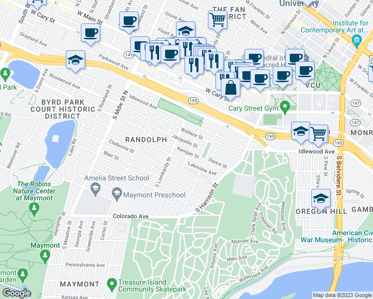 map of restaurants, bars, coffee shops, grocery stores, and more near 1504 Kemper Street in Richmond