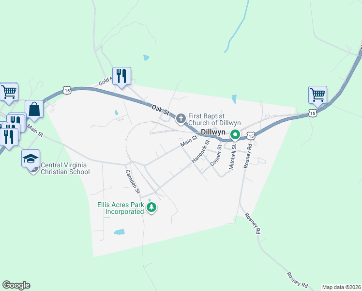 map of restaurants, bars, coffee shops, grocery stores, and more near 1046 Main Street in Dillwyn
