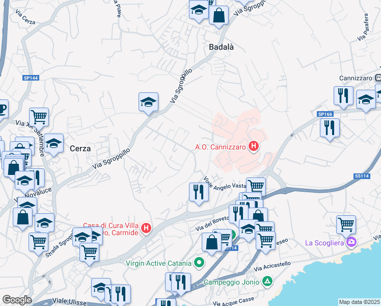 map of restaurants, bars, coffee shops, grocery stores, and more near 13 Viale delle Olimpiadi in Catania