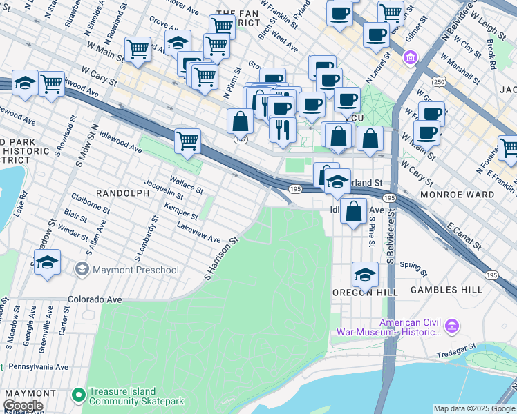 map of restaurants, bars, coffee shops, grocery stores, and more near 400 South Harrison Street in Richmond