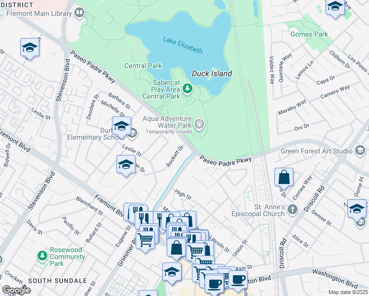 map of restaurants, bars, coffee shops, grocery stores, and more near 3004 Rockett Drive in Fremont