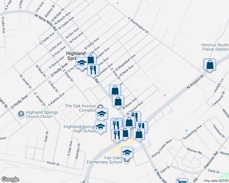 map of restaurants, bars, coffee shops, grocery stores, and more near 9 North Oak Avenue in Highland Springs