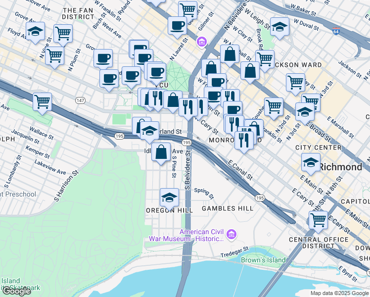 map of restaurants, bars, coffee shops, grocery stores, and more near 600 Idlewood Avenue in Richmond