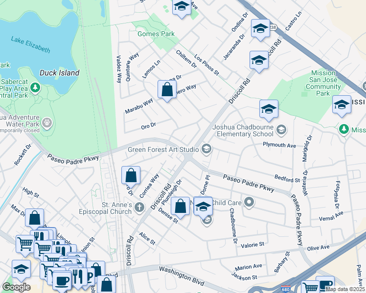 map of restaurants, bars, coffee shops, grocery stores, and more near 41025 Pajaro Drive in Fremont