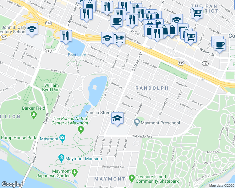 map of restaurants, bars, coffee shops, grocery stores, and more near 2000 Walker Street in Richmond