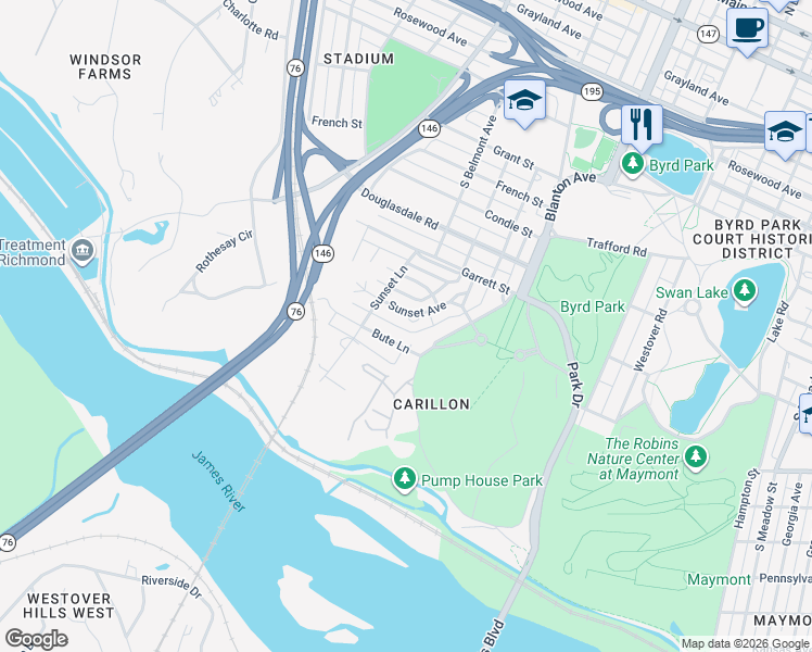 map of restaurants, bars, coffee shops, grocery stores, and more near 3111 Sunset Avenue in Richmond