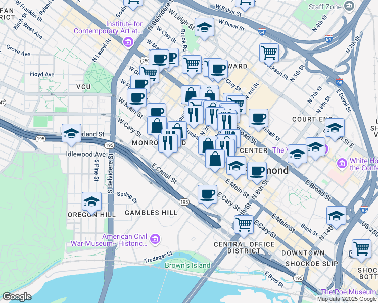 map of restaurants, bars, coffee shops, grocery stores, and more near 3 North 2nd Street in Richmond