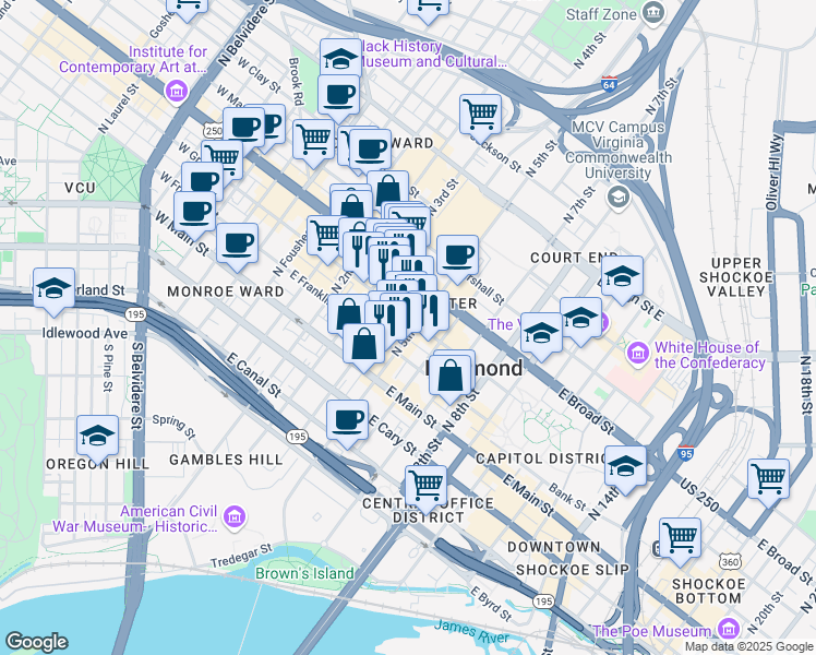 map of restaurants, bars, coffee shops, grocery stores, and more near 415 East Grace Street in Richmond