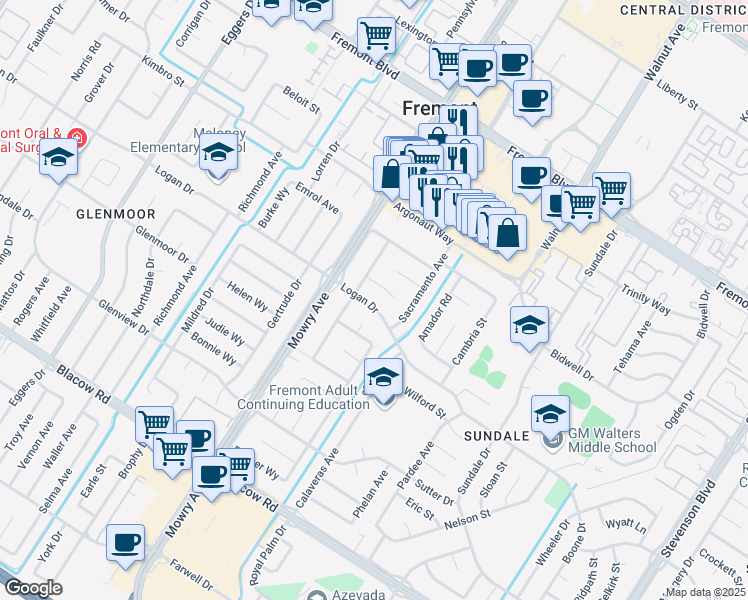 map of restaurants, bars, coffee shops, grocery stores, and more near 4502 Sloat Road in Fremont