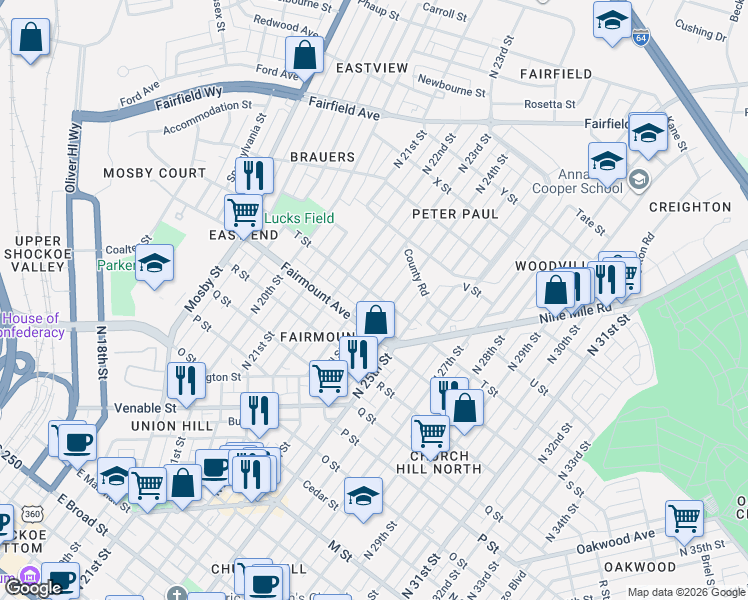 map of restaurants, bars, coffee shops, grocery stores, and more near 1308 North 23rd Street in Richmond