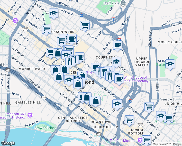 map of restaurants, bars, coffee shops, grocery stores, and more near 310 North 8th Street in Richmond
