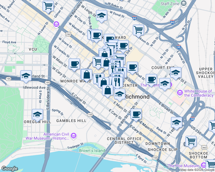 map of restaurants, bars, coffee shops, grocery stores, and more near 307 East Franklin Street in Richmond