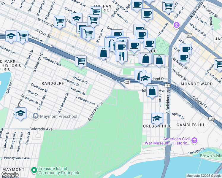 map of restaurants, bars, coffee shops, grocery stores, and more near 400 South Harrison Street in Richmond