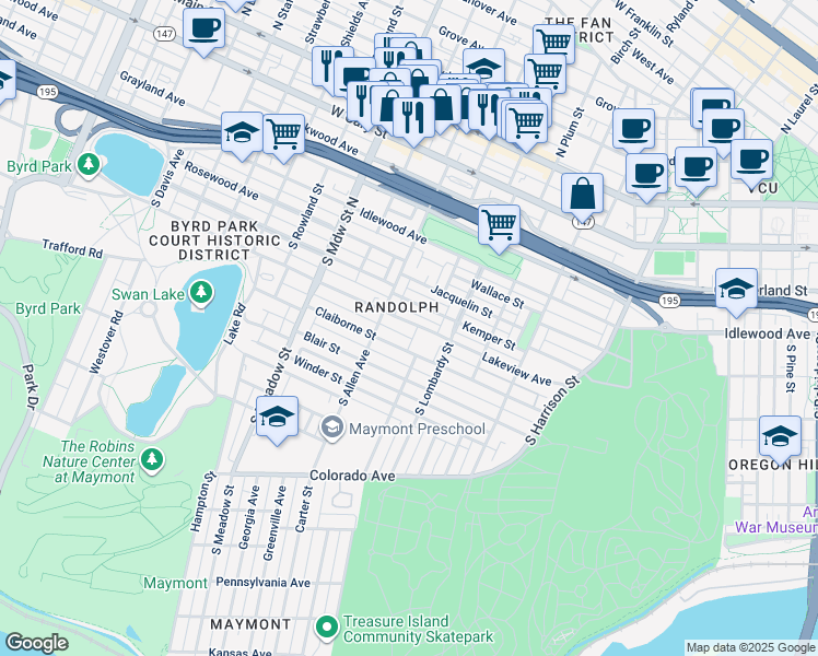 map of restaurants, bars, coffee shops, grocery stores, and more near 1721 Lakeview Avenue in Richmond