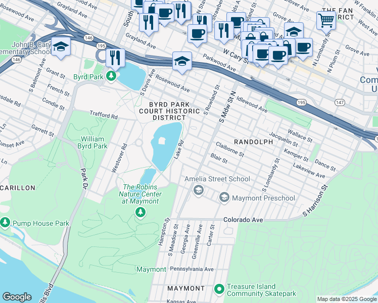 map of restaurants, bars, coffee shops, grocery stores, and more near 2100 Powhatan Street in Richmond