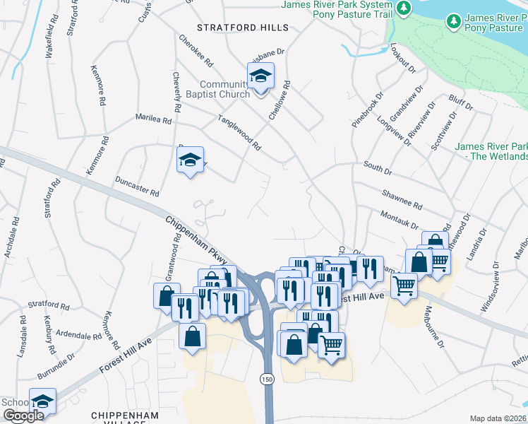 map of restaurants, bars, coffee shops, grocery stores, and more near 7370 Prairie Road in Richmond
