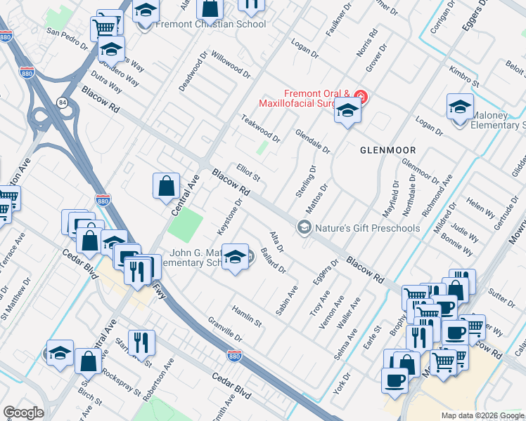 map of restaurants, bars, coffee shops, grocery stores, and more near 37975 Blacow Road in Fremont