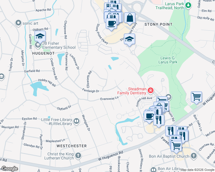 map of restaurants, bars, coffee shops, grocery stores, and more near 3311 Northridge Road in Richmond